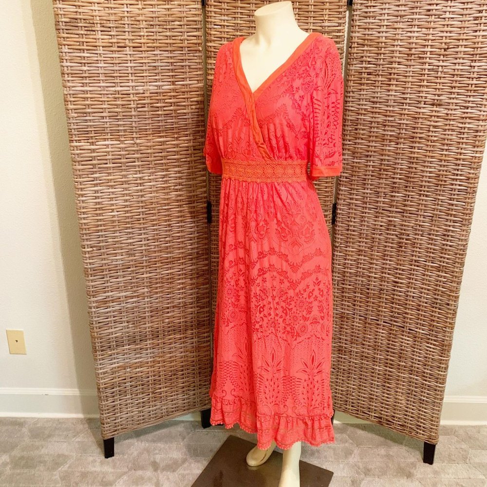 Anthropologie Farm Rio Devore Lace Pink and Orange Maxi Dress V-Neck Small - Picture 4 of 11
